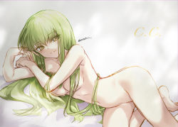 Rule 34 | 1girl, absurdres, amatsuji, barefoot, c.c., character name, code geass, completely nude, green hair, hair between eyes, hair censor, hair over breasts, highres, long hair, lying, navel, nude, on side, parted lips, sketch, smile, solo, twitter username, very long hair, yellow eyes