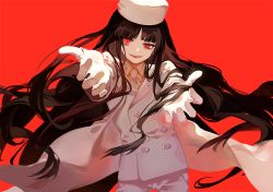 Rule 34 | 1girl, black hair, buttons, cowboy shot, dhiea, double-breasted, formal, fur hat, girlycard, gloves, hat, hellsing, hellsing: the dawn, long hair, necktie, outstretched arms, red background, red eyes, simple background, smile, solo, suit, white suit