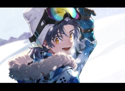 Rule 34 | 1boy, :d, adjusting eyewear, beanie, black gloves, blue gloves, blue hair, breath, fur trim, gloves, goggles, goggles on head, gyuunyuu (mashika), hair ornament, hand up, hat, highres, hood, hood down, letterboxed, long sleeves, looking at viewer, male focus, open mouth, ponytail, portrait, ski goggles, smile, snow, snowing, solo, taikogane sadamune, touken ranbu, white hat, winter clothes, yellow eyes
