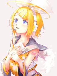 Rule 34 | 1girl, angel wings, arm tattoo, bare shoulders, blonde hair, blue eyes, bow, collarbone, detached sleeves, fang, feathered wings, frill trim, frills, hair bow, hair ornament, hairclip, halo, hands on own chest, headphones, headset, highres, kagamine rin, looking up, mini wings, nail polish, number tattoo, oyamada gamata, sailor collar, shirt, short hair, sleeveless, sleeveless shirt, solo, star (symbol), tattoo, upper body, vocaloid, white wings, wings, yellow nails