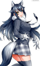 Rule 34 | 10s, 1girl, animal ears, black hair, black thighhighs, blue eyes, breast pocket, breasts, fur collar, gloves, grey wolf (kemono friends), happa (cloverppd), heterochromia, kemono friends, long hair, long sleeves, looking at viewer, medium breasts, multicolored hair, necktie, pocket, simple background, skirt, solo, tail, thighhighs, two-tone hair, white background, wolf ears, wolf tail, yellow eyes