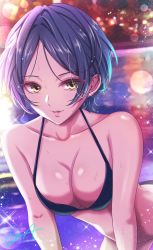 Rule 34 | 1girl, arched back, bare arms, bare shoulders, bikini, black bikini, blue hair, blurry, blurry background, breasts, cleavage, collarbone, ear piercing, halterneck, hayami kanade, highres, idolmaster, idolmaster cinderella girls, koya (koya x 00), light blush, light particles, looking at viewer, medium breasts, night, outdoors, parted bangs, parted lips, piercing, short hair, signature, smile, solo, sparkle, swimsuit, water, wet, wet hair, yellow eyes