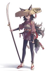 Rule 34 | 1girl, ajirogasa, alternate costume, animal ear fluff, animal ears, artistic error, bell, black hair, black pants, brown kimono, choker, closed mouth, commentary, corrupted twitter file, cross-laced clothes, ears through headwear, expressionless, full body, hair between eyes, hat, highres, holding, holding polearm, holding weapon, hololive, japanese clothes, katana, kimono, kouhaku nawa, long hair, looking at viewer, mozuku (honida1215), multicolored hair, naginata, ookami mio, pants, polearm, red choker, red hair, rope, sandals, scabbard, shadow, sheath, sheathed, shimenawa, sidelocks, simple background, solo, standing, streaked hair, sword, tail, tassel, tight clothes, tight pants, vambraces, virtual youtuber, weapon, white background, white hair, wolf ears, wolf girl, wolf tail, yellow eyes