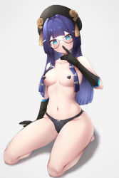 Rule 34 | 1girl, absurdres, areola slip, black gloves, black hat, black panties, blue eyes, blue hair, blush, finger to mouth, glasses, gloves, hat, heart pasties, highres, honkai: star rail, honkai (series), long hair, mihoyo, navel, panties, pasties, pela (honkai: star rail), shironagase, simple background, solo, thighs, underwear, underwear only, white background