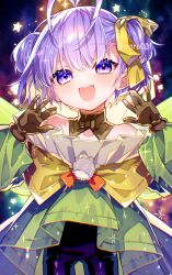 1girl :d antenna_hair bare_shoulders bike_shorts black_shorts brown_gloves cowboy_shot dress fairy fairy_wings fate/grand_order fate_(series) gloves green_dress hair_ribbon hands_up kazuradrop_(fate) light_blush long_sleeves looking_at_viewer moru murian_(fate) off_shoulder open_mouth pom_pom_(clothes) puffy_long_sleeves puffy_sleeves purple_eyes purple_hair ribbon short_hair shorts showgirl_skirt smile solo sparkle star_(symbol) teeth thigh_gap twitter_username two_side_up upper_teeth_only wings yellow_ribbon