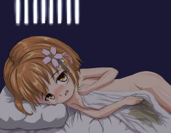 Rule 34 | 1girl, bed, bedwetting, blush, covering privates, looking at viewer, maple takoyaki, nude, on bed, open mouth, orange eyes, orange hair, peeing, pillow, short hair, solo, tears
