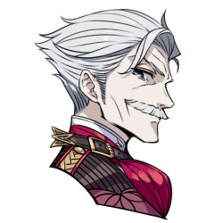 Rule 34 | 1boy, blue eyes, chan co, closed mouth, commentary request, facial hair, fate/grand order, fate (series), from side, grey hair, james moriarty (archer) (fate), looking at viewer, looking to the side, male focus, mustache, portrait, simple background, smile, solo, white background