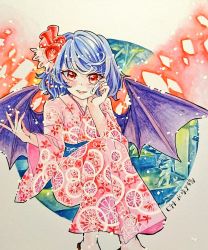 Rule 34 | 1girl, bat wings, blue hair, blush, chaka3464, comiket 94, feet out of frame, flower, geta, hair flower, hair ornament, hand in own hair, hand on own cheek, hand on own face, japanese clothes, kimono, open mouth, plant, pointy ears, red eyes, remilia scarlet, ribbon, shikishi, sitting, smile, touhou, traditional media, wings