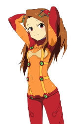 Rule 34 | 1girl, arms behind head, arms up, bodysuit, brown eyes, brown hair, cosplay, covered navel, hair ornament, idolmaster, idolmaster (classic), long hair, minase iori, multicolored clothes, neon genesis evangelion, plugsuit, pori88, red eyes, shiny clothes, skin tight, smile, solo, souryuu asuka langley (cosplay), test plugsuit