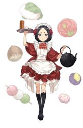Rule 34 | 1girl, apron, arm up, black eyes, black footwear, black hair, boots, dango, eyebrows, flower, food, full body, hair flower, hair ornament, highres, holding, holding tray, kettle, knee boots, looking at viewer, maid apron, official art, princess principal, princess principal game of mission, solo, toudou chise, transparent background, tray, wagashi