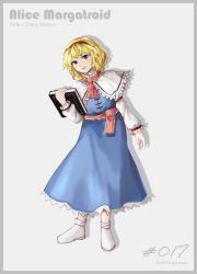 Rule 34 | 1girl, absurdres, alice margatroid, ascot, blonde hair, blue dress, blush, book, border, capelet, closed mouth, commentary request, dress, eyelashes, frilled ascot, frilled dress, frilled sash, frilled sleeves, frills, full body, grey border, hairband, happy, highres, holding, holding book, hoshiringo0902, juliet sleeves, lips, long sleeves, perfect cherry blossom, pink ascot, pink sash, puffy sleeves, red hairband, sash, short hair, simple background, smile, solo, standing, touhou, white background, white capelet, white footwear