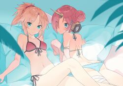 Rule 34 | 2girls, ass, bikini, blonde hair, blue bikini, blue eyes, breasts, butt crack, closed mouth, detached sleeves, eka eri, expressionless, fate/grand order, fate (series), frankenstein&#039;s monster (fate), frankenstein&#039;s monster (swimsuit saber) (fate), frankenstein&#039;s monster (swimsuit saber) (first ascension) (fate), front-tie bikini top, front-tie top, green eyes, hair bun, hair over one eye, horns, looking at viewer, lying, mechanical horns, mordred (fate), mordred (fate) (all), mordred (swimsuit rider) (fate), mordred (swimsuit rider) (first ascension) (fate), multiple girls, on back, on stomach, pillow, pink hair, ponytail, red bikini, side-tie bikini bottom, single detached sleeve, small breasts, swimsuit