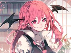 Rule 34 | 1girl, book, bookshelf, buttons, closed mouth, flower, hair between eyes, head wings, indoors, koakuma, lips, long hair, looking at viewer, necktie, pointy ears, red eyes, red hair, red necktie, smile, solo, touhou, uni (bom19850101), upper body, vest, window, wing collar, wings