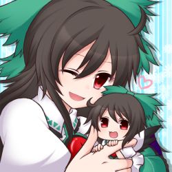 Rule 34 | 2girls, ahoge, bad id, bad nicoseiga id, black hair, blush, bow, cape, chibi, dual persona, female focus, hair bow, heart, long hair, mother and daughter, multiple girls, one eye closed, open mouth, red eyes, reiuji utsuho, shiohachi, skirt, smile, third eye, touhou, wings, wink