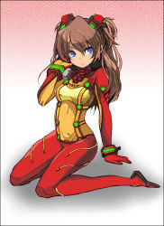 Rule 34 | 00s, 1girl, arm support, blue eyes, bodysuit, brown hair, evangelion: 2.0 you can (not) advance, female focus, full body, gradient background, long hair, multicolored clothes, neon genesis evangelion, plugsuit, rebuild of evangelion, ruffling hair, shiyoge, sitting, skin tight, solo, souryuu asuka langley, test plugsuit, wariza