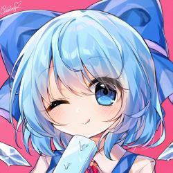 Rule 34 | 1girl, bad id, bad twitter id, blue bow, blue dress, blue eyes, blue hair, blush, bow, cirno, closed mouth, collared shirt, dress, eyes visible through hair, food, hair between eyes, highres, ice cream, looking at viewer, one eye closed, pink background, pudding (skymint 028), puffy short sleeves, puffy sleeves, shirt, short hair, short sleeves, simple background, smile, solo, tongue, tongue out, touhou, upper body, white shirt