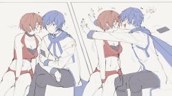 Rule 34 | 1boy, 1girl, blue eyes, blue hair, blush, bqcrop, breasts, brown hair, choker, cleavage, closed eyes, commentary, crop top, cropped vest, hetero, highres, holding, holding phone, hug, imminent kiss, jacket, kaito (vocaloid), long sleeves, meiko (vocaloid), midriff, navel, open mouth, phone, scarf, short hair, sitting, sketch, smile, vest, vocaloid, wristband