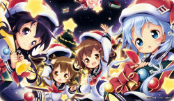 Rule 34 | 4girls, :d, :o, aikei ake, akatsuki (kancolle), alternate headwear, anchor, anchor symbol, arm up, bell, black sailor collar, black skirt, blue eyes, blue hair, blush, bow, box, brown eyes, brown hair, candy, christmas, christmas ornaments, christmas tree, closed mouth, commentary request, crossed arms, food, fur-trimmed headwear, fur trim, gift, gift box, hair between eyes, hair ornament, hairclip, hat, head tilt, hibiki (kancolle), holding hands, ikazuchi (kancolle), inazuma (kancolle), kantai collection, lollipop, long hair, long sleeves, multiple girls, night, night sky, open mouth, outdoors, outstretched arm, parted lips, purple eyes, purple hair, red bow, red hat, sailor collar, santa hat, school uniform, serafuku, shirt, skirt, sky, smile, star (sky), star (symbol), starry sky, swirl lollipop, unworn hat, unworn headwear, very long hair, white shirt, window