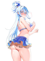 Rule 34 | 1girl, absurdres, aqua (konosuba), ass, back, blue bra, blue eyes, blue hair, blue skirt, blush, bra, breasts, closed mouth, commentary, english commentary, from behind, hair between eyes, hair ornament, hands up, highres, kono subarashii sekai ni shukufuku wo!, large breasts, long hair, looking at viewer, looking back, machulanko, miniskirt, ponytail, sidelocks, simple background, skirt, solo, standing, striped bra, striped clothes, sweat, textless version, thick thighs, thighs, underwear, v-shaped eyebrows, white background, white bra
