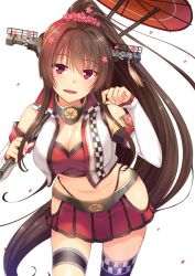Rule 34 | 10s, 1girl, adapted costume, adapted uniform, bad id, bad twitter id, bare shoulders, breasts, brown eyes, brown hair, cherry blossoms, detached sleeves, female focus, flower, hair flower, hair ornament, headgear, hip vent, horosuke, jpeg artifacts, kantai collection, large breasts, long hair, navel, oil-paper umbrella, ponytail, race queen, side slit, skirt, solo, stomach, thighhighs, twitter username, umbrella, very long hair, white background, yamato (kancolle)