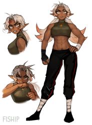 Rule 34 | 1girl, abs, absurdres, anger vein, ankle wrap, artist name, bare shoulders, black pants, blood, blood on face, character sheet, clenched hand, clenched teeth, commentary, crop top, dark-skinned female, dark elf, dark skin, elf, english commentary, female pubic hair, frown, gradient hair, grin, hand on own hip, highres, jewelry, long hair, looking at viewer, low twintails, matilda fiship, midriff, multicolored hair, multiple views, muscular, muscular female, navel, navel hair, necklace, olivia (matilda fiship), orange hair, original, pants, pointy ears, pubic hair, pubic hair peek, shirt, simple background, sleeveless, sleeveless shirt, smile, teeth, thick eyebrows, twintails, v-shaped eyebrows, white background, white hair, wrist wrap, yellow eyes