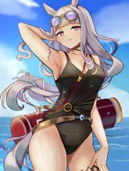 Rule 34 | 1girl, :d, animal ears, armpits, black one-piece swimsuit, blue sky, blunt bangs, breasts, cleavage, cloud, cloudy sky, gold ship (run revolt launcher) (umamusume), gold ship (umamusume), grin, half-closed eyes, horse ears, horse girl, horse tail, iniya w, long hair, one-piece swimsuit, open mouth, purple eyes, purple hair, sky, smile, solo, swimsuit, tail, teeth, umamusume, water