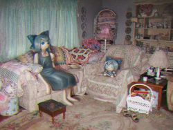Rule 34 | 1girl, basket, blanket, blue dress, blue eyes, blue hair, button eyes, buttons, chair, character doll, chromatic aberration, cirno, collared shirt, couch, doll, dress, flat chest, fumo (doll), horror (theme), lamp, living room, long dress, neck ribbon, no mouth, photo background, pinafore dress, plate, puffy short sleeves, puffy sleeves, red ribbon, ribbon, shelf, shirt, short hair, short sleeves, skullchimes, sleeveless, sleeveless dress, smile, solo, stool, table, touhou, white shirt