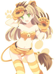 Rule 34 | 10s, 1girl, animal ears, animal hands, bare shoulders, bell, blonde hair, blush, cat paws, claws, fang, gloves, green eyes, idolmaster, idolmaster cinderella girls, jougasaki rika, long hair, navel, open mouth, shorts, smile, solo, striped clothes, striped thighhighs, tail, takase kanan, thighhighs, twintails, two side up, yellow theme
