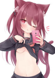 Rule 34 | 1girl, ;p, animal ear fluff, animal ears, black serafuku, black shirt, black skirt, breasts, cat ears, cat girl, cat tail, cellphone, clothes lift, highres, lifted by self, long hair, long sleeves, looking at viewer, mochizuki riku, navel, one eye closed, original, phone, red eyes, red hair, school uniform, serafuku, shirt, shirt lift, skirt, small breasts, smartphone, stomach, tail, tongue, tongue out