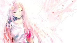 Rule 34 | 1girl, closed eyes, commentary, daisy, falling petals, flower, hair flower, hair ornament, highres, light smile, long hair, megurine luka, paper, petals, pink hair, shirt, solo, tears, unf (unotfound 404), upper body, vocaloid, white shirt