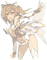 Rule 34 | 1girl, :o, ahoge, arched back, bare shoulders, blade (galaxist), bodysuit, breasts, brown hair, cleavage, copyright request, cropped legs, elbow gloves, fingerless gloves, gloves, microskirt, navel, open mouth, orange eyes, panties, simple background, skirt, small breasts, solo, twintails, underwear, white background, white panties