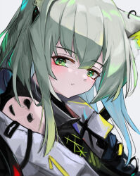 Rule 34 | 1girl, animal ear fluff, animal ears, aqua hair, arknights, bare shoulders, black dress, blush, cat ears, cat girl, closed mouth, commentary, dress, expressionless, fang, green eyes, green hair, grey background, grey hair, highres, kal&#039;tsit (arknights), kal&#039;tsit (remnant) (arknights), kari90909, long hair, looking at viewer, material growth, multicolored hair, off shoulder, oripathy lesion (arknights), simple background, sketch, skin fang, solo, upper body, white dress
