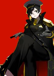 Rule 34 | 1girl, absurdres, binah (project moon), black eyes, black hair, black jacket, black pants, blonde hair, collared shirt, earrings, epaulettes, gloves, grey gloves, hamelon310, hat, highres, holding, holding whip, jacket, jewelry, lobotomy corporation, long sleeves, looking at viewer, military hat, military uniform, mole, mole under eye, necktie, pants, project moon, red background, shirt, sitting, solo, uniform, white shirt, yellow necktie, yellow pupils