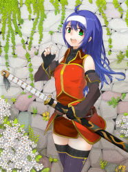 Rule 34 | 1girl, ahoge, bad id, bad pixiv id, bare shoulders, blue hair, detached sleeves, elbow gloves, fingerless gloves, fire emblem, fire emblem: radiant dawn, gloves, green eyes, hairband, highres, mia (fire emblem), nintendo, shiina maru, sword, thighhighs, weapon