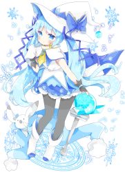 Rule 34 | 1girl, :o, absurdres, animal, bad id, bad pixiv id, beamed eighth notes, beamed sixteenth notes, black gloves, blue bow, blue eyes, blue hair, blue ribbon, blue skirt, blush, boots, bow, capelet, commentary, dress, eighth note, english commentary, fingerless gloves, full body, gloves, grey pantyhose, hair ribbon, hat, hat bow, hatsune miku, highres, long hair, looking at viewer, magic circle, musical note, orb, pantyhose, parted lips, quarter note, rabbit, ribbon, simple background, skirt, sleeveless, sleeveless dress, snowflakes, treble clef, tsukiyo (skymint), twintails, very long hair, vocaloid, white background, white capelet, white dress, white footwear, white headwear, witch hat, yuki miku, yuki miku (2014), yukine (vocaloid)
