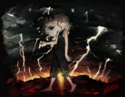 Rule 34 | 1other, bare arms, barefoot, black pants, black shirt, black sky, blouse, closed mouth, cloud, cloudy sky, dark clouds, fisheye, floating hair, from side, grey hair, highres, lightning, long hair, original, pants, pigeon666, profile, shirt, signature, sky, solo, storm, walking, yellow eyes