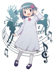 Rule 34 | 3girls, :d, aged down, alternate costume, arm at side, arms behind back, beamed sixteenth notes, bent over, black outline, blue eyes, blue hair, blue theme, cape, child, collared dress, doily, dot nose, dress, eighth note, flower, gecchu, grey dress, grey legwear, hair flower, hair ornament, hand up, happy, highres, light blush, long sleeves, looking at viewer, madoka runes, magical girl, mahou shoujo madoka magica, mahou shoujo madoka magica (anime), mary janes, miki sayaka, multiple girls, multiple persona, musical note, official style, oktavia von seckendorff, open mouth, outline, pantyhose, pink flower, pink rose, purple footwear, rose, semiquaver, shoes, short hair, silhouette, simple background, sixteenth rest, smile, solo focus, staff (music), sword, treble clef, waving, weapon, white background, witch (madoka magica)