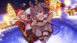 Rule 34 | 22/7, 22/7 ongaku no jikan, 2girls, ahoge, animal costume, animal ears, black gloves, blonde hair, blurry, brown dress, christmas, christmas tree, collarbone, depth of field, detached sleeves, dress, dutch angle, fake animal ears, fake antlers, fang, game cg, gift bag, gloves, green eyes, hair between eyes, hair ornament, highres, lens flare, long sleeves, looking at viewer, motion blur, multiple girls, night, non-web source, official art, open mouth, outdoors, outstretched arm, pointing, pointing at viewer, purple eyes, purple hair, reindeer costume, running, saito nicole, santa costume, short hair, shorts, sleigh, smile, snow, snowman, sparkle, sweatdrop, tojo yuki, twintails, wavy mouth