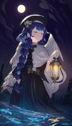 Rule 34 | absurdres, amamiya kokoro, bell, beret, black dress, blue hair, bow, capelet, dress, feathered wings, full moon, hat, highres, holding, holding lantern, lantern, long hair, long sleeves, mia (39565899), moon, night, night sky, nijisanji, outdoors, partially submerged, sky, very long hair, virtual youtuber, water, white capelet, white wings, wings