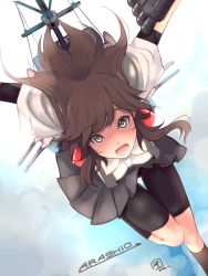 Rule 34 | 10s, 1girl, arashio (kancolle), bent over, bike shorts, blush, brown eyes, brown hair, character name, dated, female focus, highres, kantai collection, leg up, long hair, looking at viewer, machinery, mistrail, open mouth, outstretched arms, signature, skirt, solo, spread arms