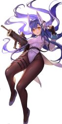 Rule 34 | 1girl, absurdres, assault rifle, black gloves, black pantyhose, blue hair, breasts, bullpup, commission, cropped jacket, fingerless gloves, girls&#039; frontline, gloves, gun, hakusyokuto, highres, holding, holding gun, holding weapon, iwi tavor, leotard, long hair, long sleeves, medium breasts, pantyhose, rifle, robot ears, scope, shoes, simple background, skeb commission, solo, tar-21 (girls&#039; frontline), thigh strap, weapon, white background, white footwear, white leotard, yellow eyes
