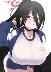 Rule 34 | 1girl, absurdres, black choker, black hair, black wings, blue archive, blue jacket, blue shorts, blush, breast focus, breasts, choker, commentary, cowboy shot, eyes visible through hair, gym uniform, hair between eyes, halo, hand in own hair, hasumi (blue archive), hasumi (track) (blue archive), highres, ikutomipizza, jacket, large breasts, leaning forward, long hair, looking at viewer, low wings, mole, mole under eye, official alternate costume, open clothes, open jacket, parted lips, ponytail, red eyes, shirt, short shorts, shorts, simple background, solo, standing, sweatdrop, track jacket, white background, white shirt, wings