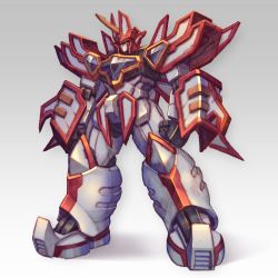 Rule 34 | clenched hands, gradient background, green eyes, grey background, highres, horns, korean commentary, looking ahead, madou king granzort, mecha, no humans, robot, shadow, single horn, solo, standing, super granzort, superphotrone