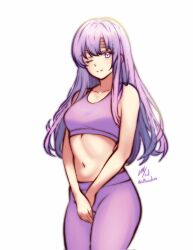 Rule 34 | 1girl, artist name, breasts, collar, commission, fire emblem, fire emblem: genealogy of the holy war, highres, julia (fire emblem), long hair, looking at viewer, medium breasts, navel, nintendo, one eye closed, own hands together, pants, purple eyes, purple hair, rotomdocs, smile, solo, sports bra, sportswear, sweatpants