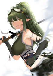 Rule 34 | 1girl, :d, absurdres, arknights, bare shoulders, black gloves, breasts, crocodilian tail, crop top, elbow gloves, fingerless gloves, gavial (arknights), gavial the invincible (arknights), gloves, goggles, goggles on head, green hair, green shirt, highres, large breasts, long hair, looking at viewer, midriff, navel, open mouth, pointy ears, ponytail, shirt, sidelocks, simple background, sleeveless, sleeveless shirt, smile, solo, stomach, tail, upper body, white background, xiaobei, yellow eyes