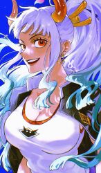 Rule 34 | 1girl, aqua hair, black jacket, blue background, breasts, cleavage, commentary request, cropped jacket, earrings, eyelashes, gradient hair, hair ornament, hair stick, highres, hoop earrings, horns, jacket, jewelry, large breasts, multicolored hair, one piece, open clothes, open jacket, open mouth, red eyes, smile, solo, teeth, two-tone hair, upper body, upper teeth only, vasan5555, white hair, yamato (one piece)