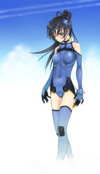 Rule 34 | 00s, 1girl, bare shoulders, black eyes, black hair, blue thighhighs, blush, bodysuit, breasts, cloud, contrail, covered erect nipples, covered navel, day, frown, gloves, hair ribbon, halterneck, headgear, high ponytail, highres, ichijou eika, large breasts, leotard, long hair, long legs, looking at viewer, outdoors, pilot suit, pink eyes, ponytail, ribbon, satou atsuki, sky, sky girls, solo, standing, thighhighs, turtleneck