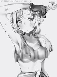 Rule 34 | 1girl, alice gear aegis, bad id, bad pixiv id, blush, breasts, covered erect nipples, gloves, grease, greyscale, hand up, highres, holding, jacket, looking at viewer, medium breasts, monochrome, nanashi (nlo), parted lips, rita henschel, short hair, simple background, solo, sweatdrop, tank top, tied jacket, underboob, upper body, white background, wiping forehead, wrench
