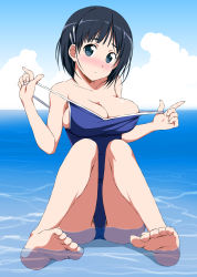 Rule 34 | 1girl, ass, bare arms, bare shoulders, black hair, blue eyes, blue sky, blush, breasts, clothes pull, cloud, competition school swimsuit, day, embarrassed, hair ornament, hairclip, highres, index finger raised, kirigaya suguha, large breasts, looking at viewer, nori tamago, nose blush, one-piece swimsuit, one-piece swimsuit pull, outdoors, school swimsuit, short hair, sitting, sky, solo, swimsuit, sword art online, thighs, water