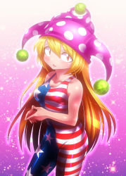 Rule 34 | 1girl, adapted costume, alternate costume, american flag, bad id, bad pixiv id, bare shoulders, blonde hair, blush, bodysuit, breasts, clownpiece, collarbone, contrapposto, flying sweatdrops, hat, highres, idekawa yumi, jester cap, long hair, looking at viewer, own hands together, red eyes, saodake, small breasts, solo, standing, taut clothes, touhou, very long hair